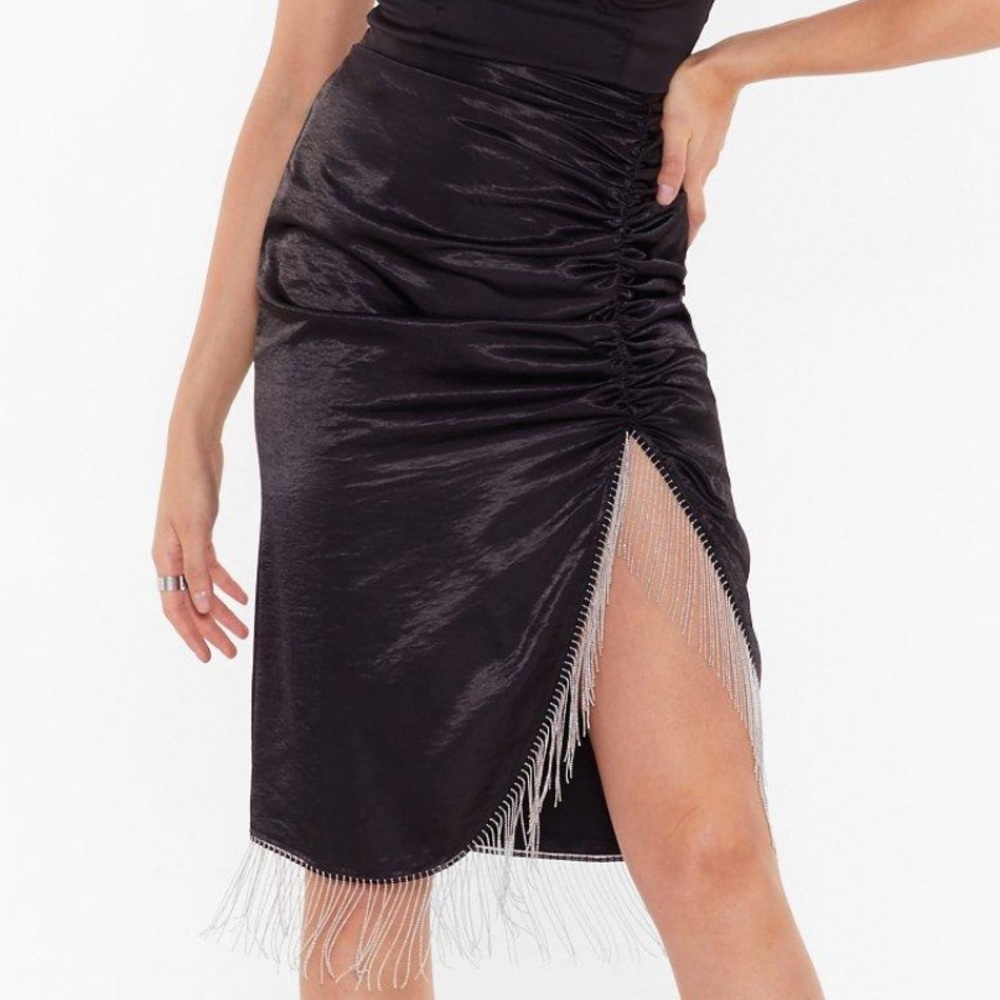 NWT Nasty Gal Satin Skirt with Silver Fringe
